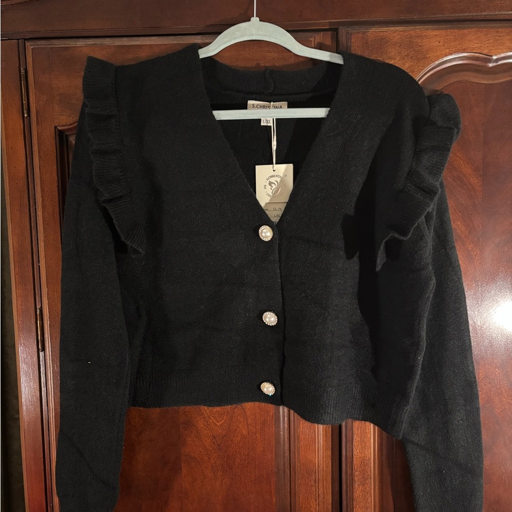 Christina Black Cardigan w/ Ruffle Sleeves and Gemstone/Pearl buttons Size L/XL